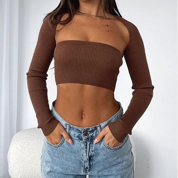 White Fox Forgetting You Ribbed Knit Long Sleeve Crop Top Women’s Size Medium - Picture 1 of 9